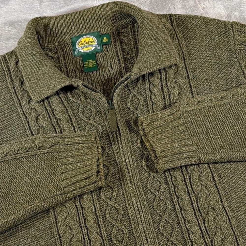 Vintage Cabela's Cable Knit Zip Sweater | Olive Green | XL
